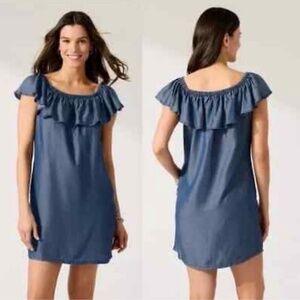 Tommy Bahama Off-the-shoulder Denim dress with ruffle collar, Size Medium